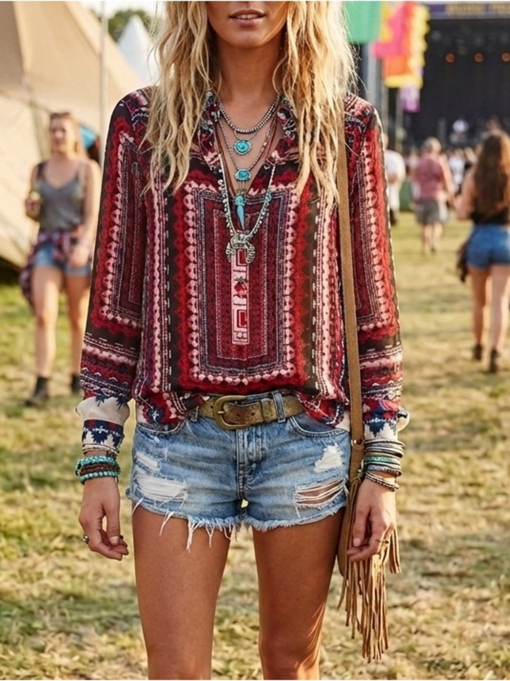 Aztec-Tribal Print Long-Sleeve Button-Up Blouse